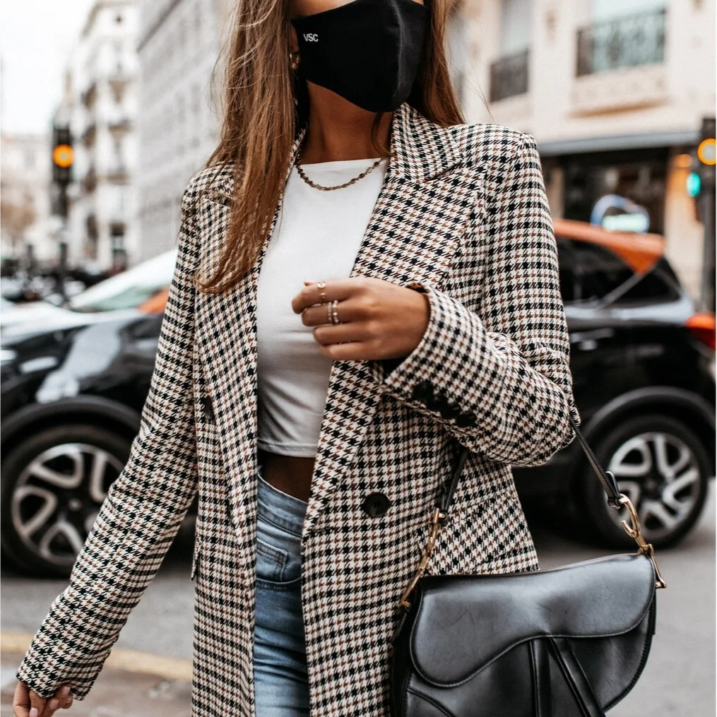 Autumn/Winter Women\'s Long Sleeve Plaid Blazer Female Korean Style Office Suit Collar Jacket Coat