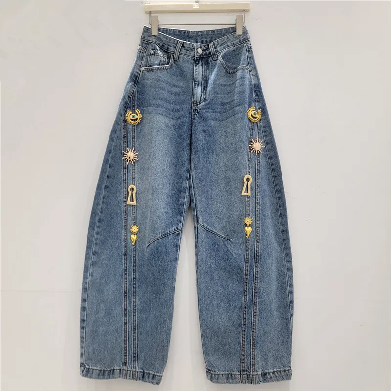 

Женские широкие джинсы с металлическим декором, рваные, из денима, в стиле ретро, повседневные, универсальные, класса люкс, новинка Весна 2026