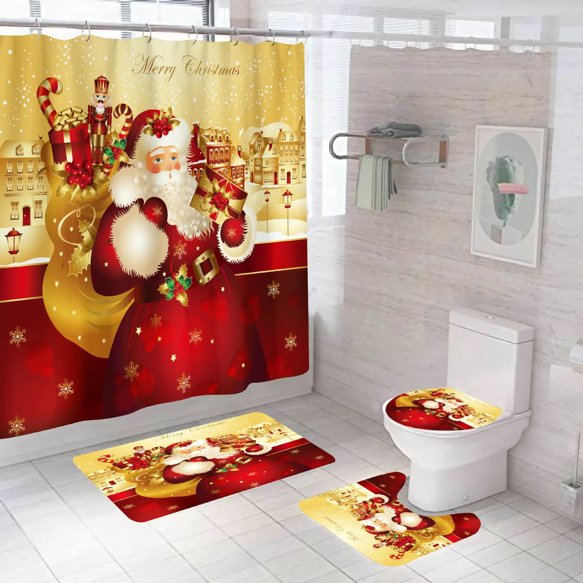 Merry Christmas Shower Curtain Set Santa Snowman Gnome Red Truck Xmas Tree Print Bath Curtain 3/4pcs Bathroom Holiday Decor