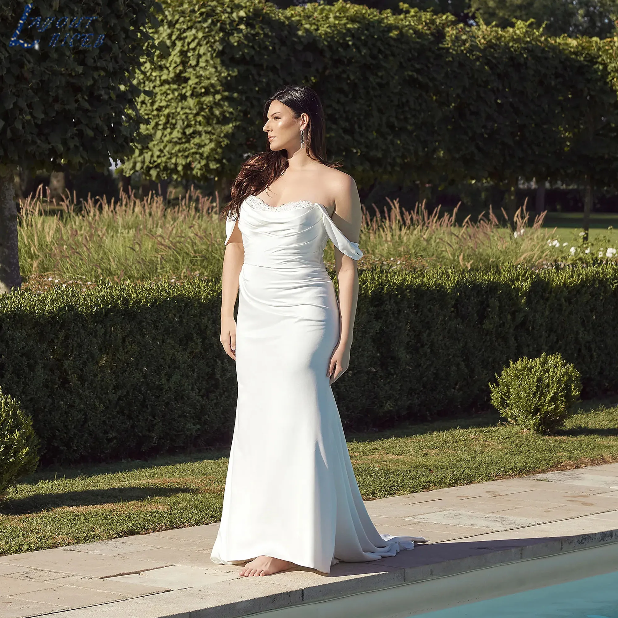

LAYOUT NICEB Plus Size Bridal Gown Mermaid Sweetheart Romance Pearl Satin Wedding Dress Off Shoulder vestido de novia Customized