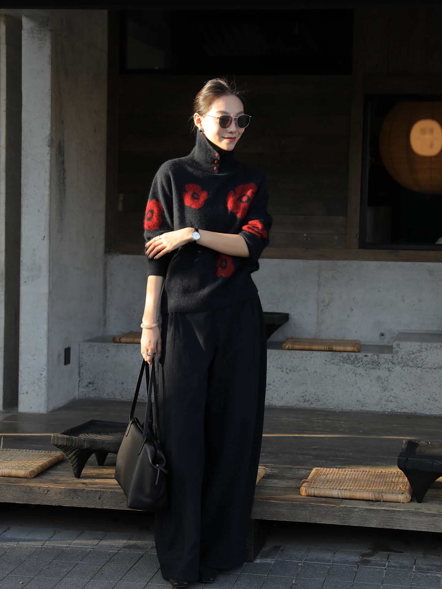 

Модный вязаный свитер с вышивкой, шерстяной, свободный, теплый, омолаживающий, женский, зимний, новый, с высоким воротником, на пуговицах