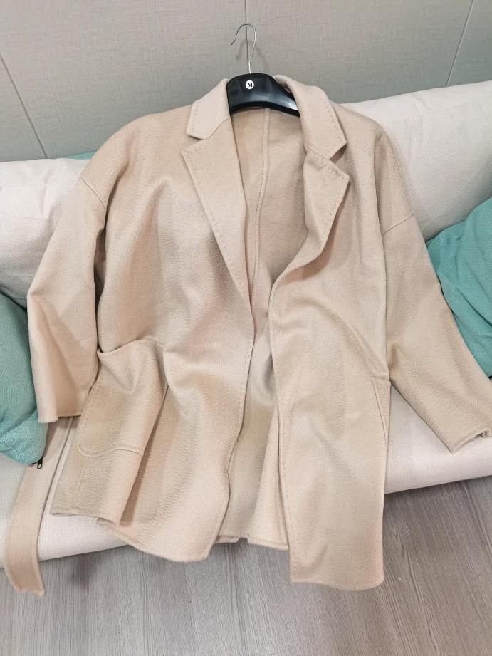 Autumn Winter Fashion Double-sided Cashmere Coat Women High-end Thick Water Ripple Cropped Wool Coat Loose Lapel Neck with Belt