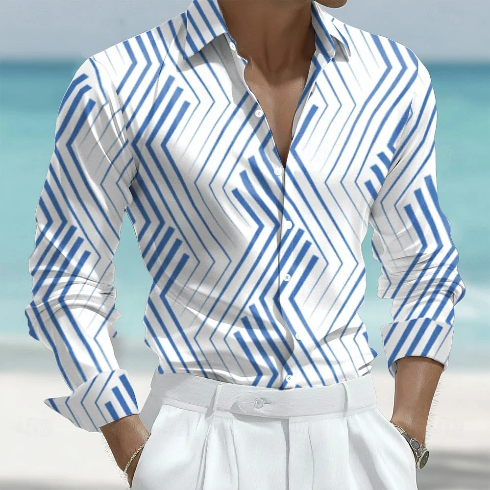 قميص رجالي مخطط هندسي بأكمام طويلة وطية صدر السترة كاجوال لقضاء عطلة شاطئ هاواي مصمم عصري قماش عالي الجودة