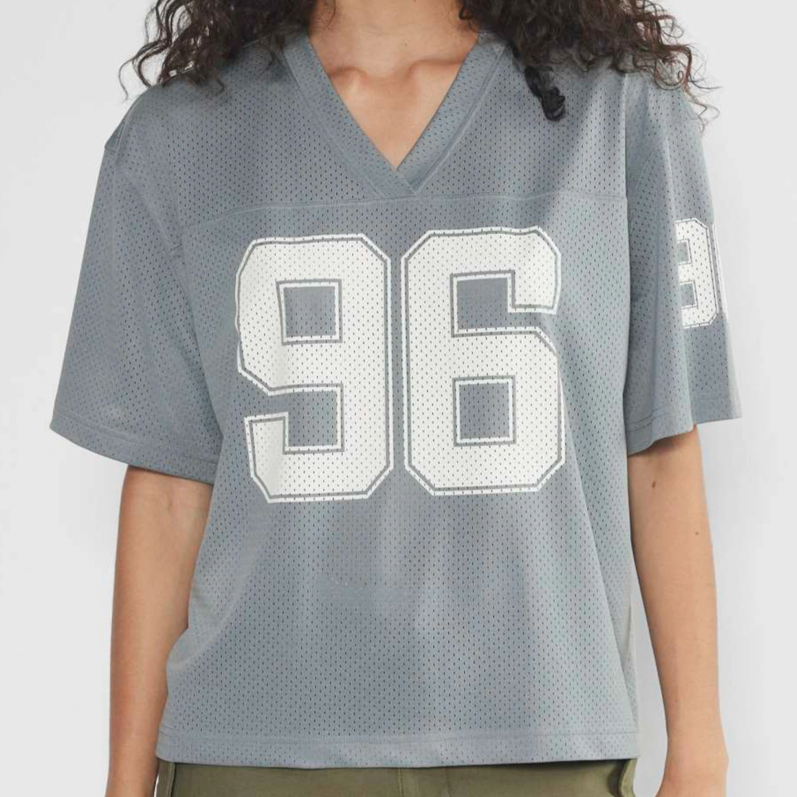 Women's Summer Casual Jersey Tee Short Sleeve Number Print V Neck Loose Fit Mesh Breathable Tops