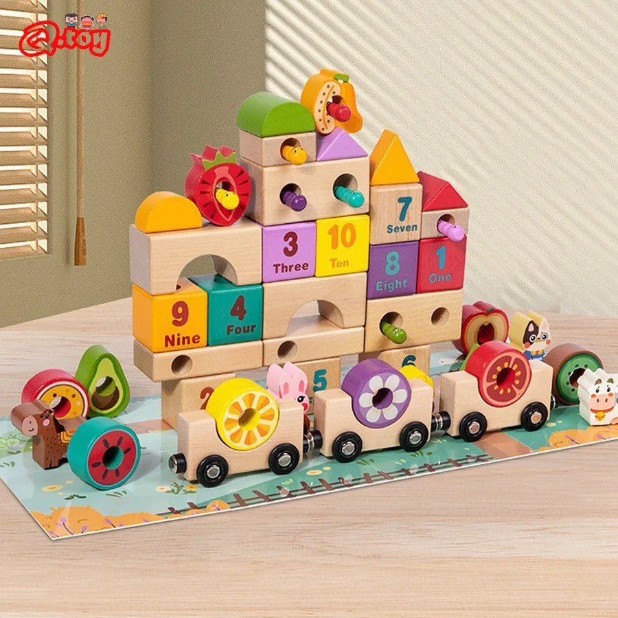 Children Montessori Block Set Wooden Cartoon Animal Train Fruit Digital Cognition Building Blocks Educational Toys for Kids