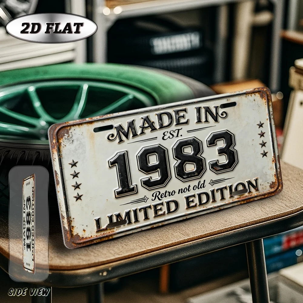 1pc 2D Flat Made In 1983 Limited Edition Vintage License Plate Metal Sign Wall Decor for Man Cave Balcony Living Room Gift