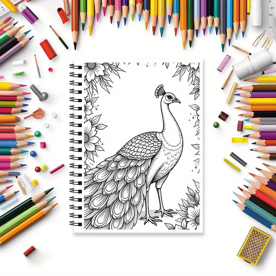 Floral Peacock Coloring Book - 8.3×11.2 Inches, 22 Pages. Perfect for Elegant Relaxation, Stress - Relieving