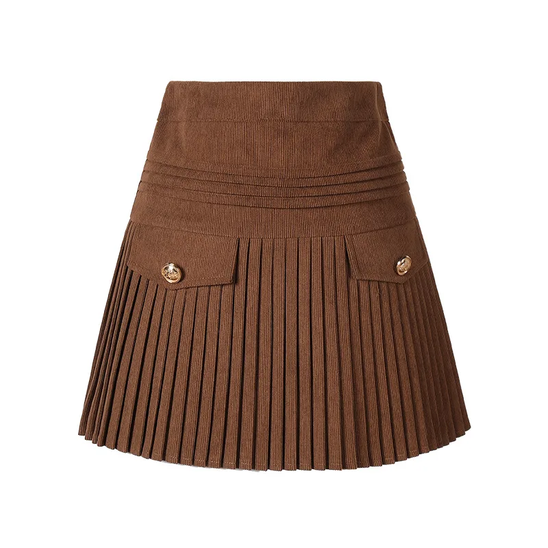 

2026 Autumn and Winter New College Style High Waist and Thin Anti-light Corduroy Pleated A-shaped Skirt