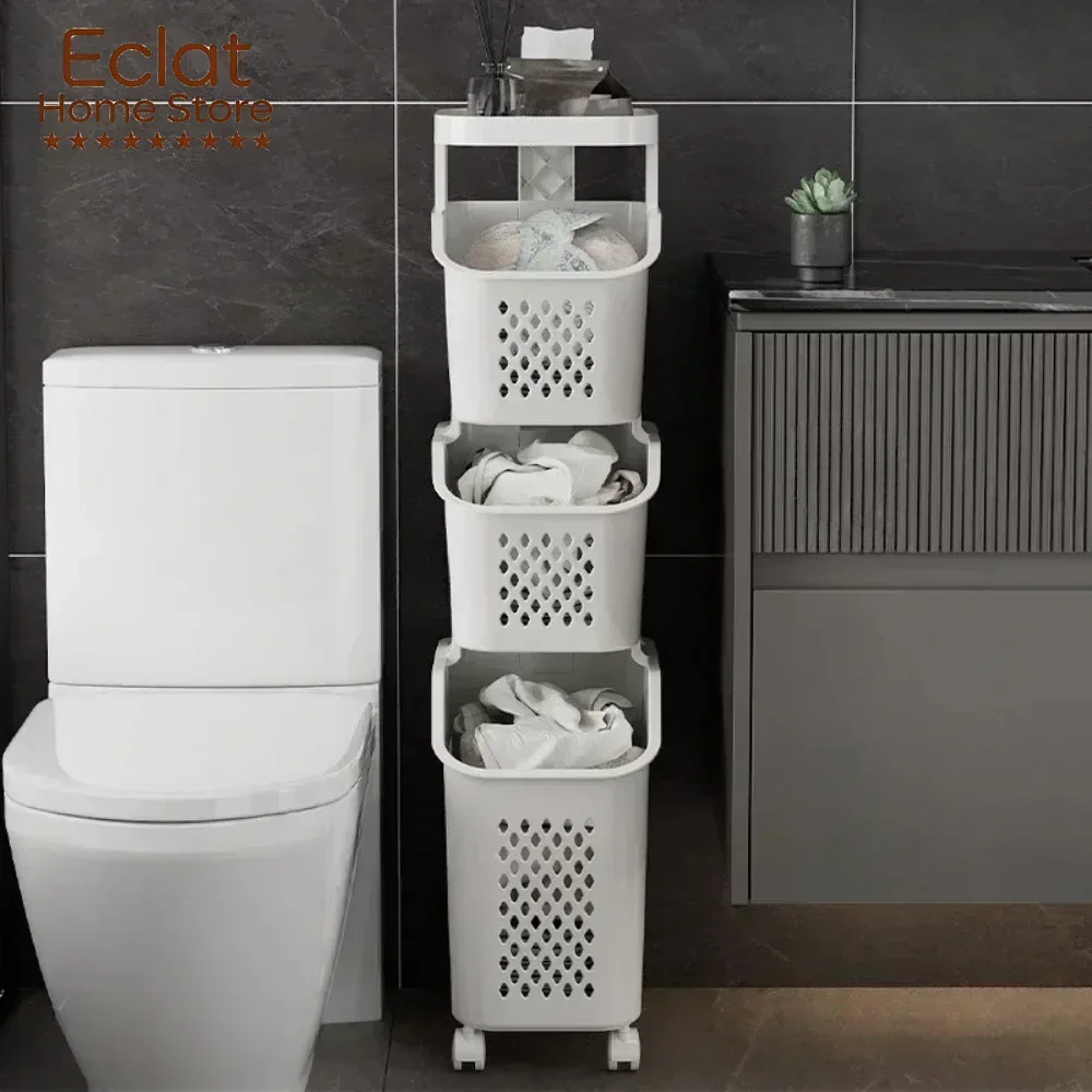 Laundry Storage Rack Basket Multilayer Dirty Clothes Storage Basket With Wheel Large Capacity Household Bathroom Shelf Organizer