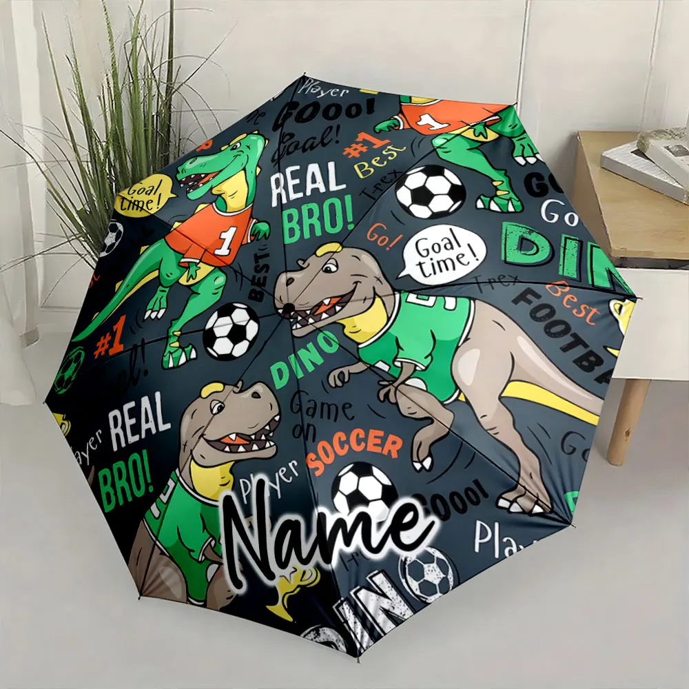 Custom Name  Dinosaur Soccer Illustration Umbrella Design Print 8 Iron Ribs Folding Umbrella Auto-Open Fashion Sunshade