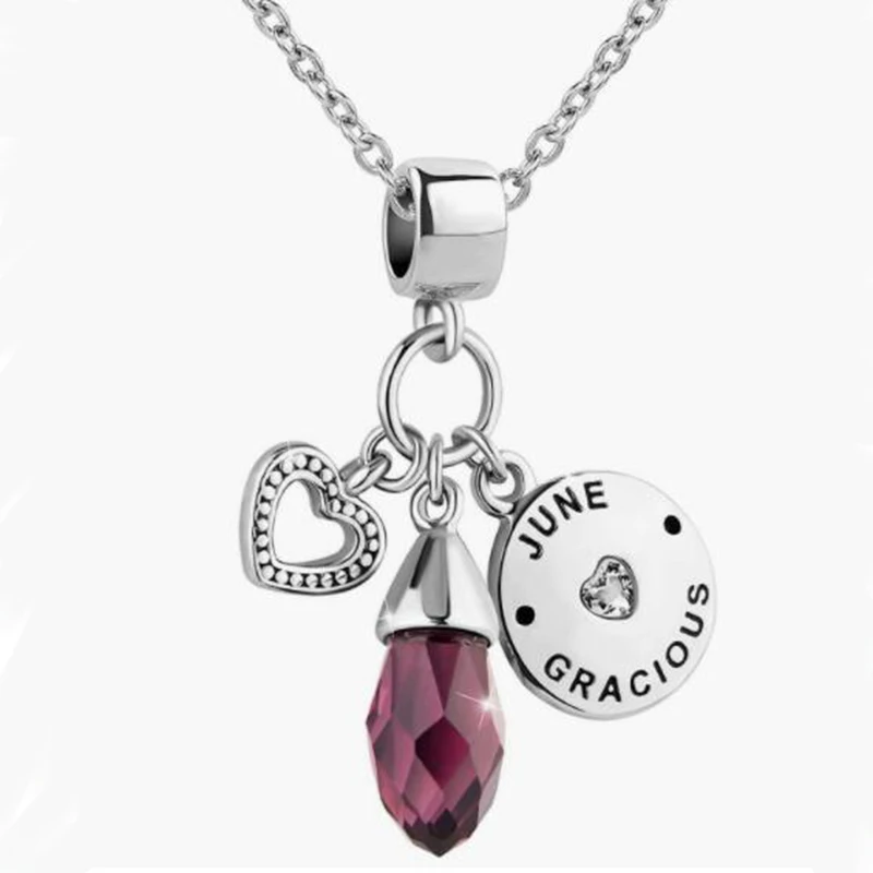 Heart Love Birthday Pink Birthstone Charm Beads Fit Luxury brand Charm Bracelet Female Genuine DIY Jewelry Making