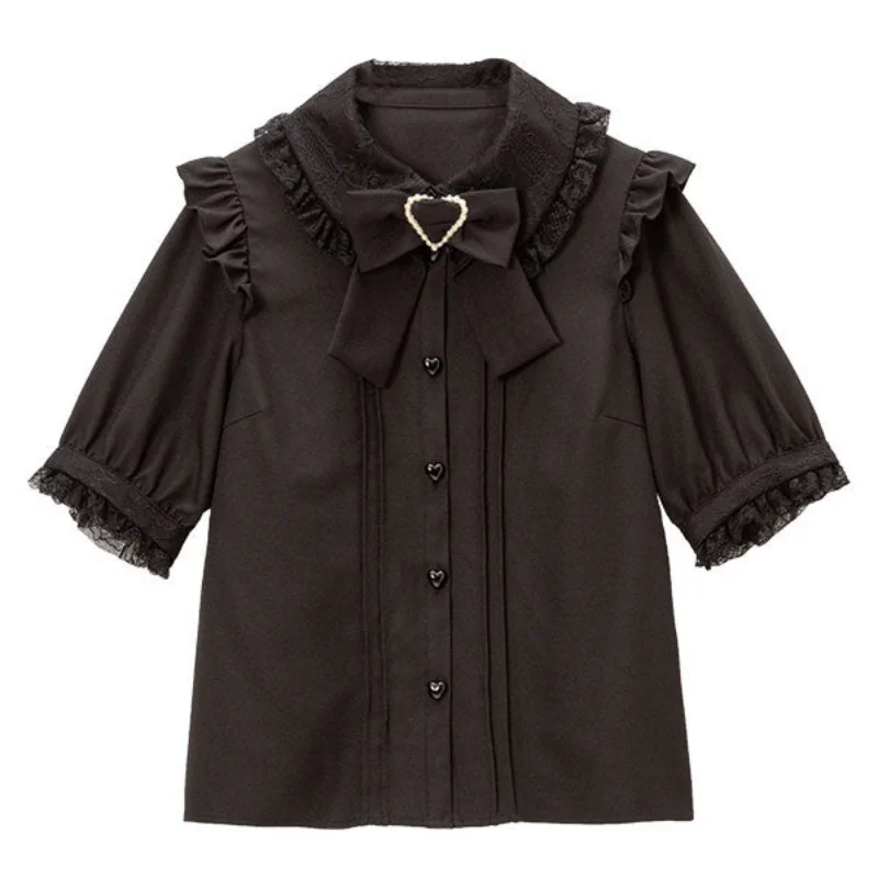 Lolita Shirt Girls Shirts Sweet Bow Lace Solid Color Blouse Tops 2023 Spring Summer Woman Japanese Style Tops Sleeve Blusas