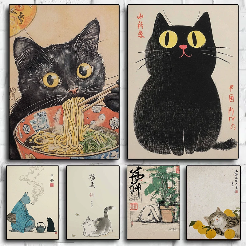 Japanese Retro Cat Ukiyo-e Hand-Pulled Noodle Doll Rabbit Canvas Painting Wall Art Poster Picture Home Decor Mural Cuadros
