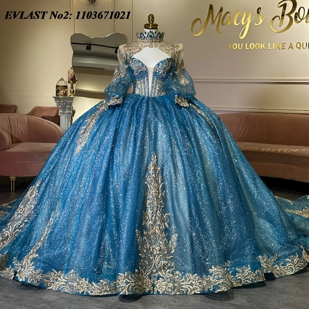 EVLAST Customized Glitter Blue Quinceanera Dress Ball Gown Gold Lace Applique Beading Cape Sweet 16 Birthday Party Dress E2QA571