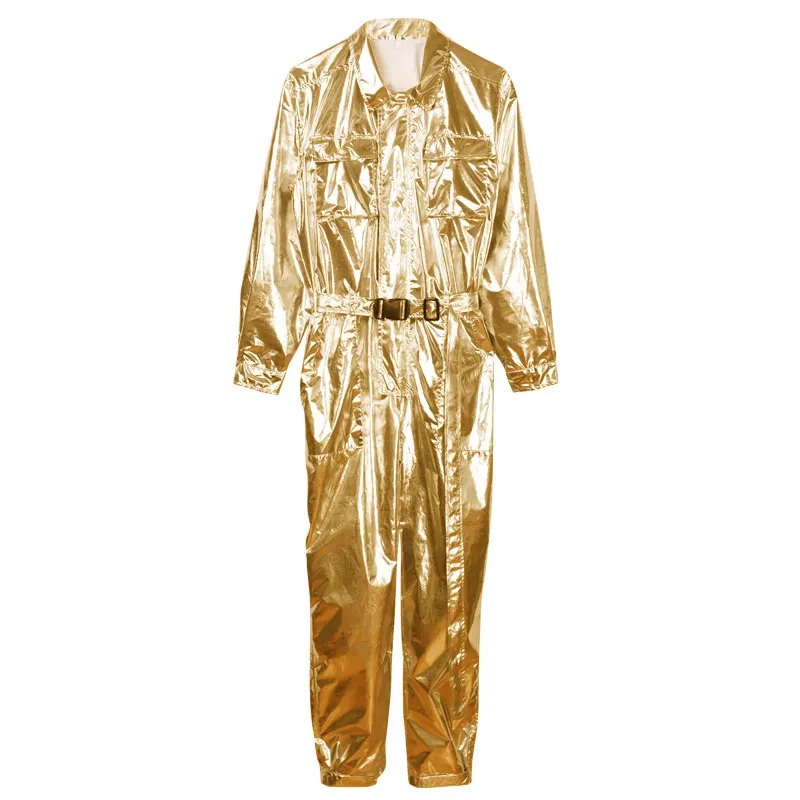 Men Metallic Shiny Jumpsuit Glossy Stage Show Night Club Overalls Male Chic Dance Costumes Hip Hop Jazz Punk Singers Unforms