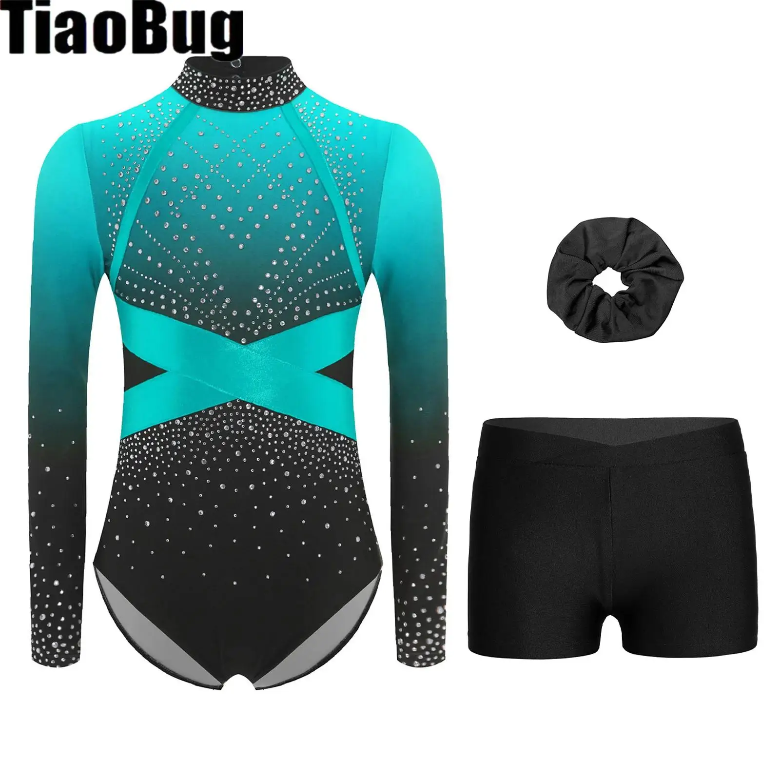 

Teen Girls Long Sleeve Ballet Dance Outfit Shiny Rhinestone Gymnastics Leotard and Shorts Hairband Set for Yoga Unitard Jumpsuit