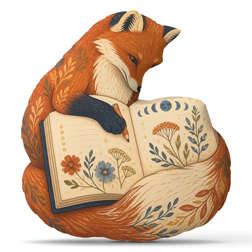 Reading Fox Plush Pillow Botanical Cottagecore Cushion for Book Lovers Stuffed Throw Pillow Cozy Home Decor Gift for Readers