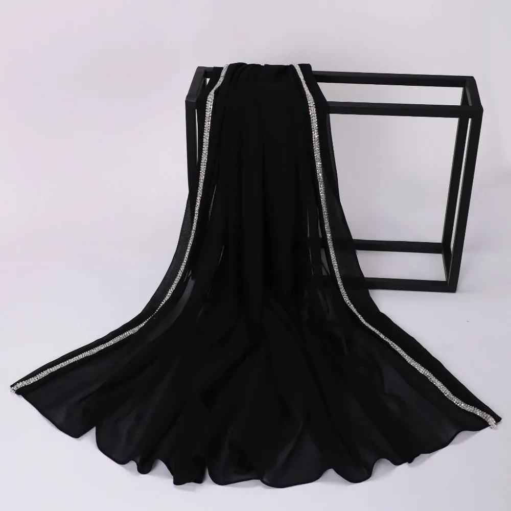 

Fashion Solid Color Ethnic Style Scarf Rhinestones Brim Sparkling Islamic Turban Thin Bandana Headscarf Women