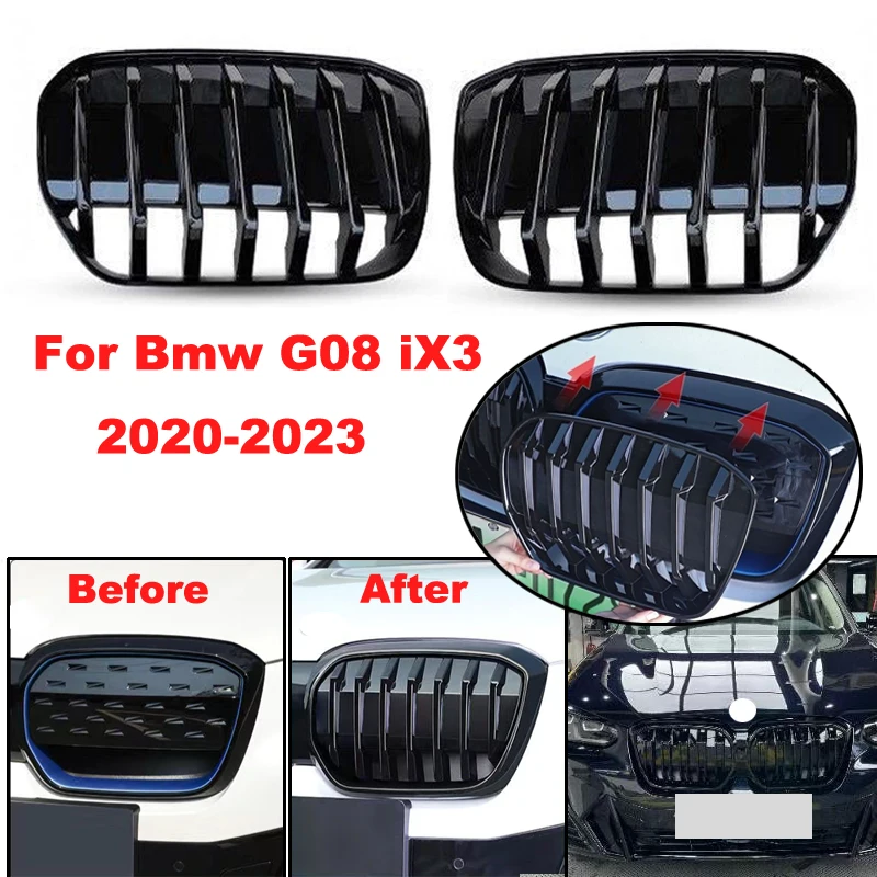 20-23 For Bmw G08 iX3 Air Intake Grille Double Slats Front Kidney Grille Bodykit 2020 2021 2022 2023,Gloss Black/Silver