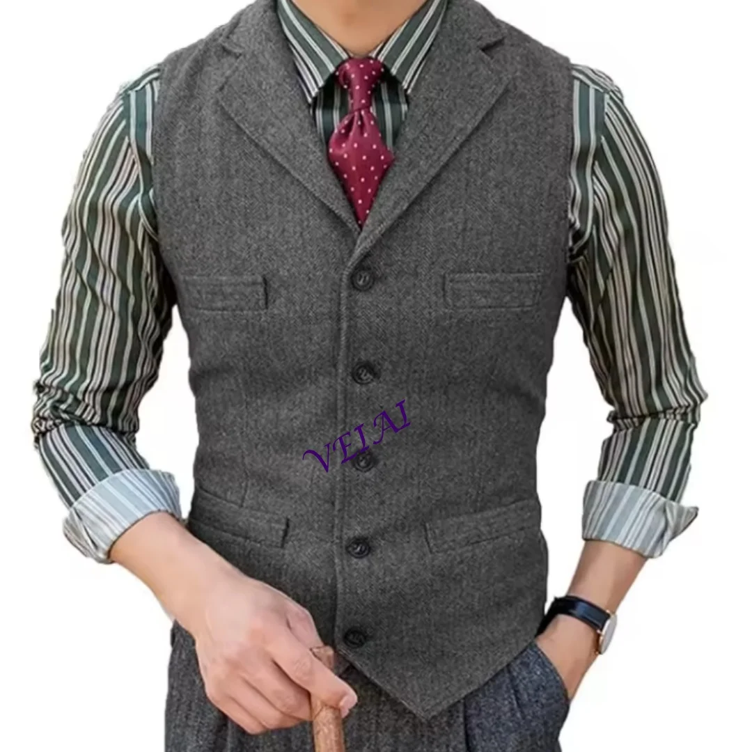 Customized Men's Slim Fit Herringbone Tweed Wool Vest Vintage Waistcoat Dress Gilet for Groomsmen Wedding Business
