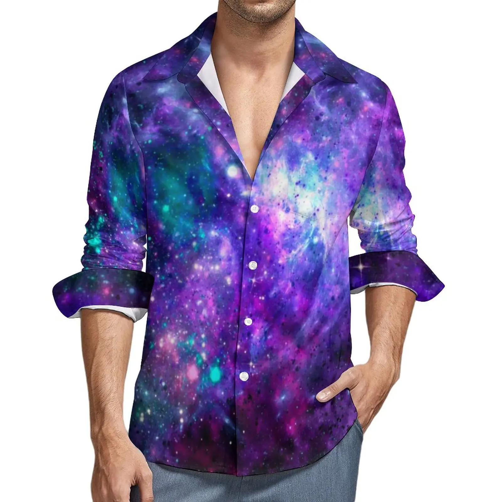 

Sky Purple Teal Aesthetic Casual Shirt Men Fantasy Galaxy Cosmic Shirt Autumn Trending Blouses Long Sleeve Printed Oversize Tops