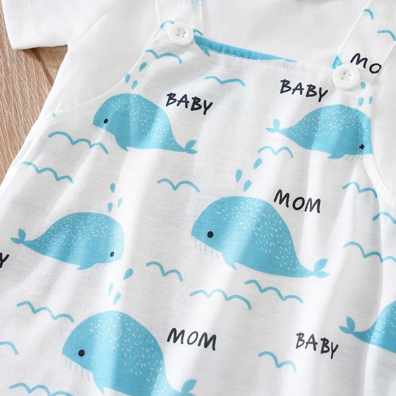 Summer Boys And Girls Cute Cartoon Strap Whale Casual Comfortable Short Sleeve Baby Bodysuit