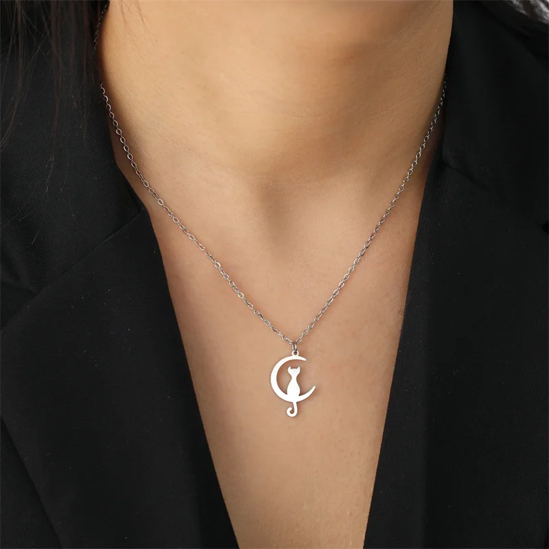 Charme Katze Anhänger Halsketten für Frauen Mädchen Schlüsselbein Mond Kette Choker Halsketten Edelstahl Party Schmuck Geschenke Zubehör – Detail 10
