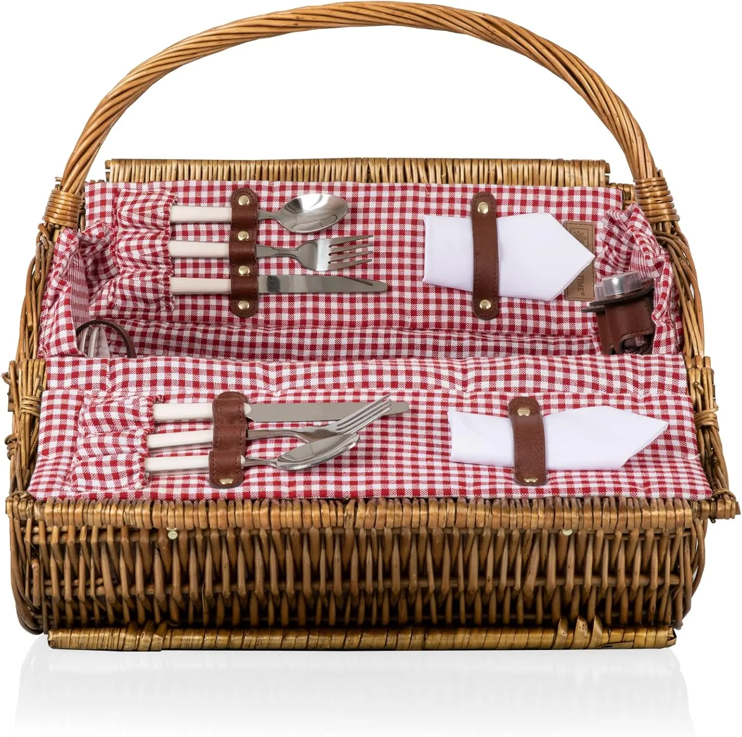 Romantic English Style Rounded Wicker Picnic Basket For Two, Hand Woven Barrel Shaped Wooden Picnic Suitcase With Complete Dining Service, Red And White Gingham Pattern view 4