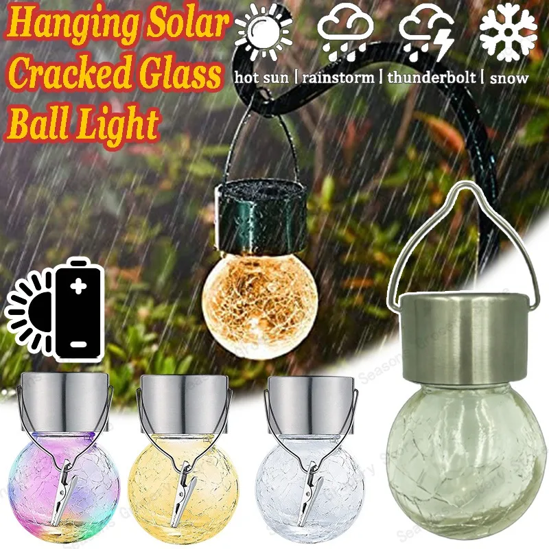 

Three Color LED Solar Powered Outdoor Hanging Lights Waterproof Crack Glass Ball Wall Lantern with Hooks for Garden Patio Decor