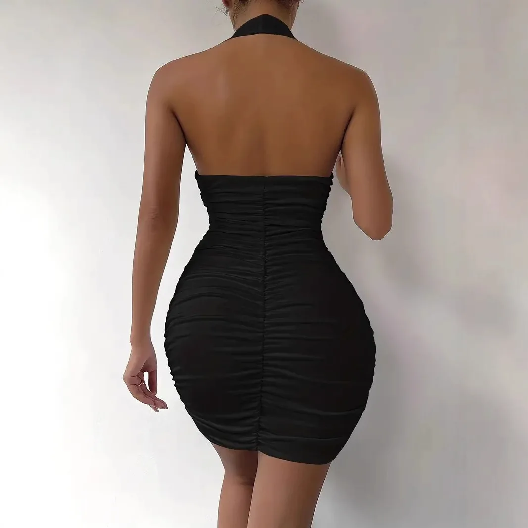 Schwester Stern Sexy Hottie Einfarbig Wrap Hüfte Hals Sexy Kleid Großhandel Backless Plissee Nachtclub Party Super Kurze Kleider