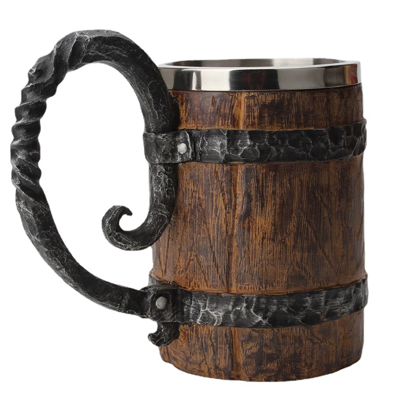 

Simulated Wooden Barrel Double Layer Beer Mug Creative Retro Stainless Steel Liner Drinking Cup Bar Party Beer Cup Coffee Cup