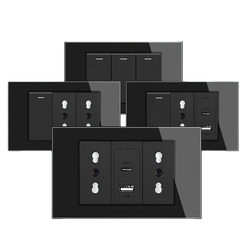 

Черный, итальянский стандартный 3-луночный стеклянный панельный переключатель, розетка USB Type-C, настенная розетка для Чили, сетчатая розетка для телевизора, спутникового выключателя, 118x75 мм
