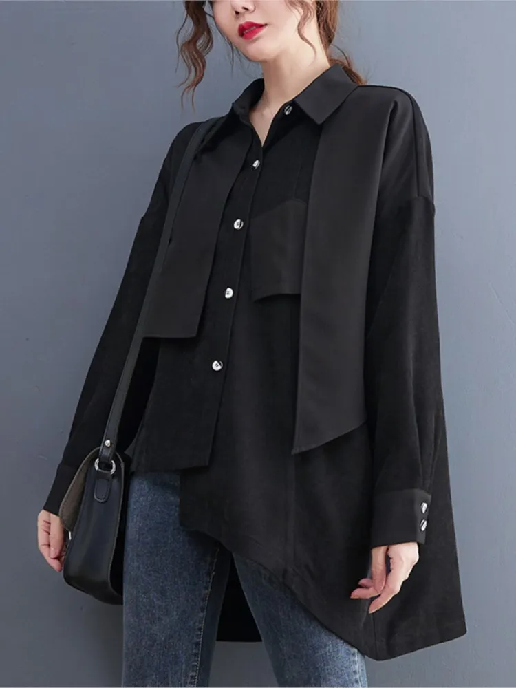 Autumn Irregular Patchwork Shirts Tops Women Loose Pleated Fashion Ladies Blouses Casual Long Sleeve Oversized Woman Shirt Tops