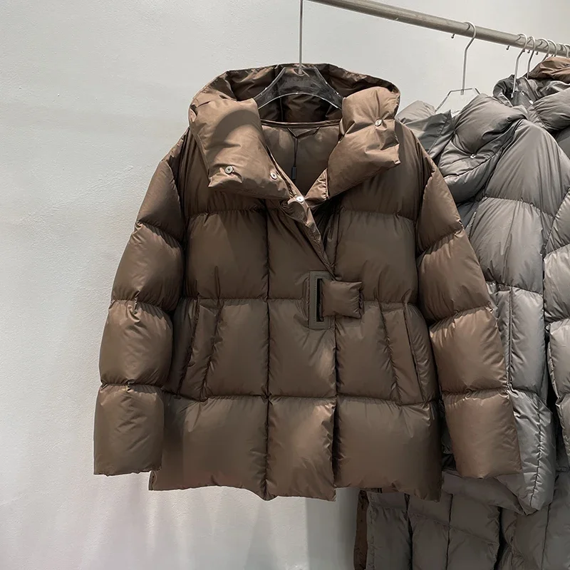 90% White Duck Down Coat for Women Elegant Hooded Thick Puffer Jacket Female Button Design Loose Parkas Winter Coats Women