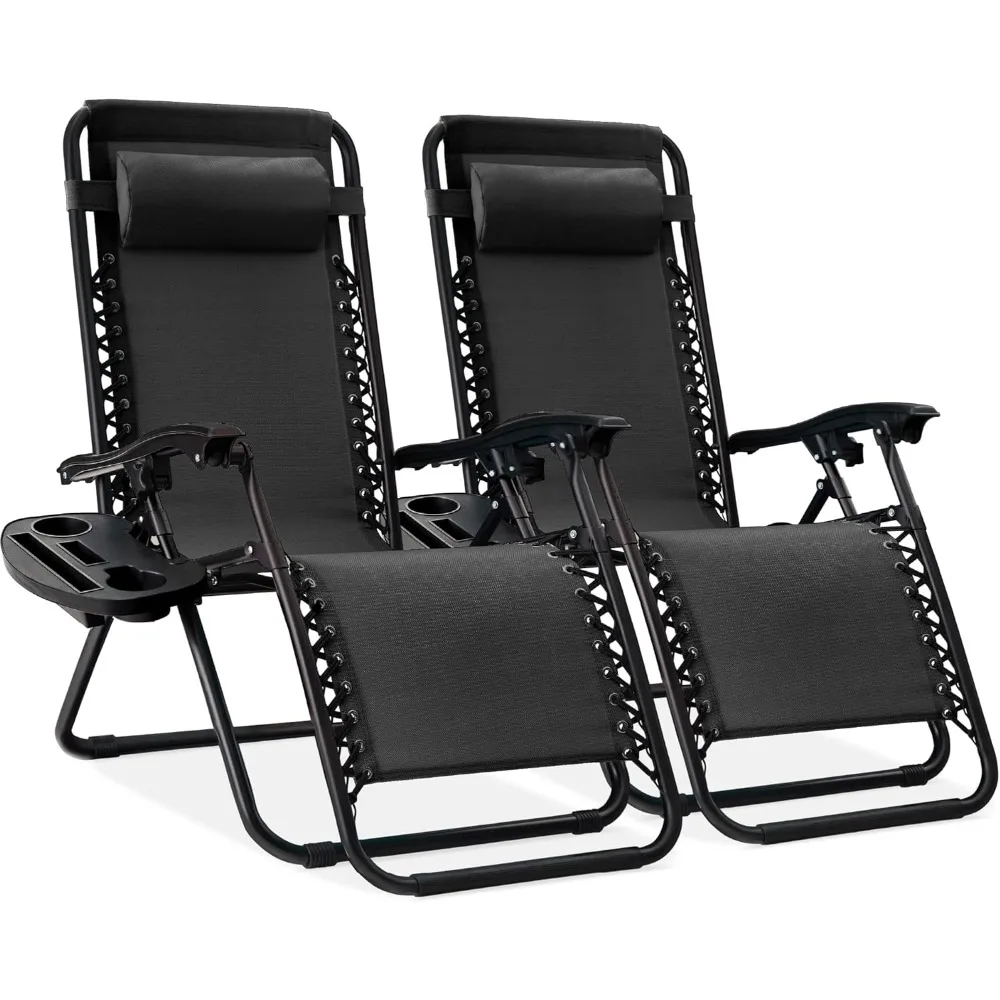 

Set of 2 Adjustable Steel Mesh Zero Gravity Lounge Chair Recliners with Pillows & Cup Holders – Black