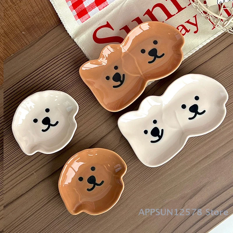 Adorable Ceramic Sauce Dish With Cute Dog & Bear Design - Single/Double Compartment Dip Bowl For Condiments, Snacks, Sushi, Soy