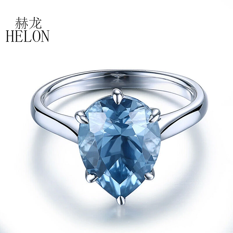 HELON Solid 14K 10k White Gold Flawless Oval 12x9mm Genuine Sky Blue Topaz Women Trendy Jewelry Engagement Wedding Ring Gift