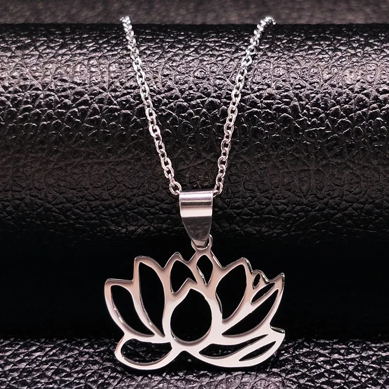 Stainless Steel Yoga Lotus Necklace for Women Silver Color Choker Flower Pendant Necklaces Jewelry colgantes mujer moda 1261-QKC