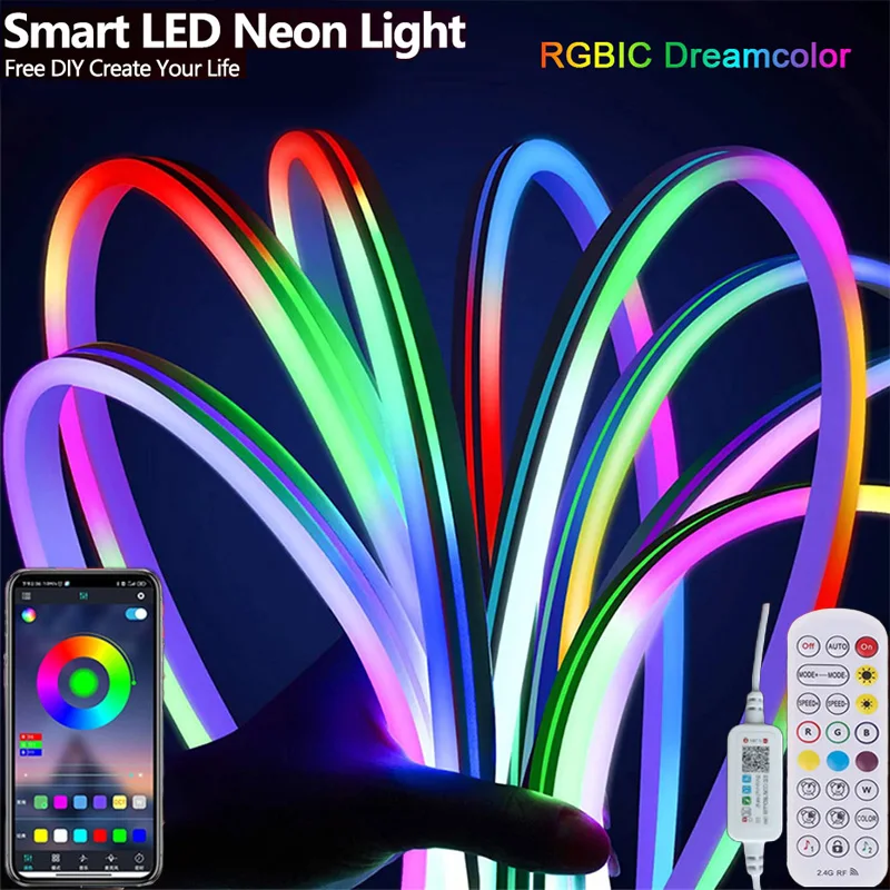 البوب RGB النيون LED قطاع بلوتوث APP وجهاز التحكم عن بعد مزامنة الموسيقى مرنة مقاوم للماء ضوء النيون الشريط للإضاءة الخلفية للتلفاز لتقوم بها بنفسك غرفة D #1