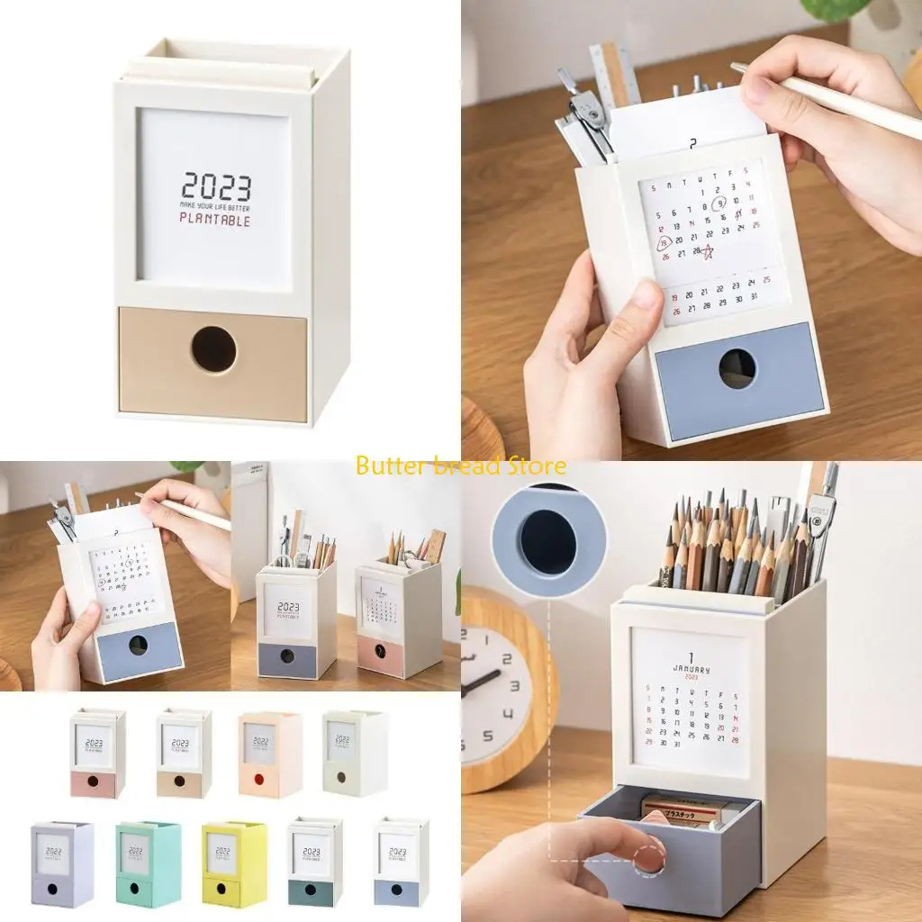 W89C Pen Holder with Desk Calendar Large Capacity Pencil Holder Drawer Desk Organizers Pencil Cup School Office Supplies