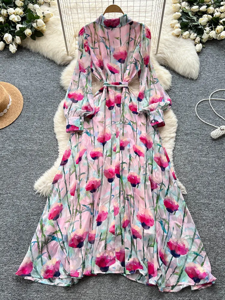 กระโปรงทรงเอเอวสูงลายดอกไม้พิมพ์ลาย Ele รุ่นใหม่ประจำฤดูใบไม้ร่วงปี 2025 กระดุมเดี่ยว ผ้าเดรสยาว ผูกเอว