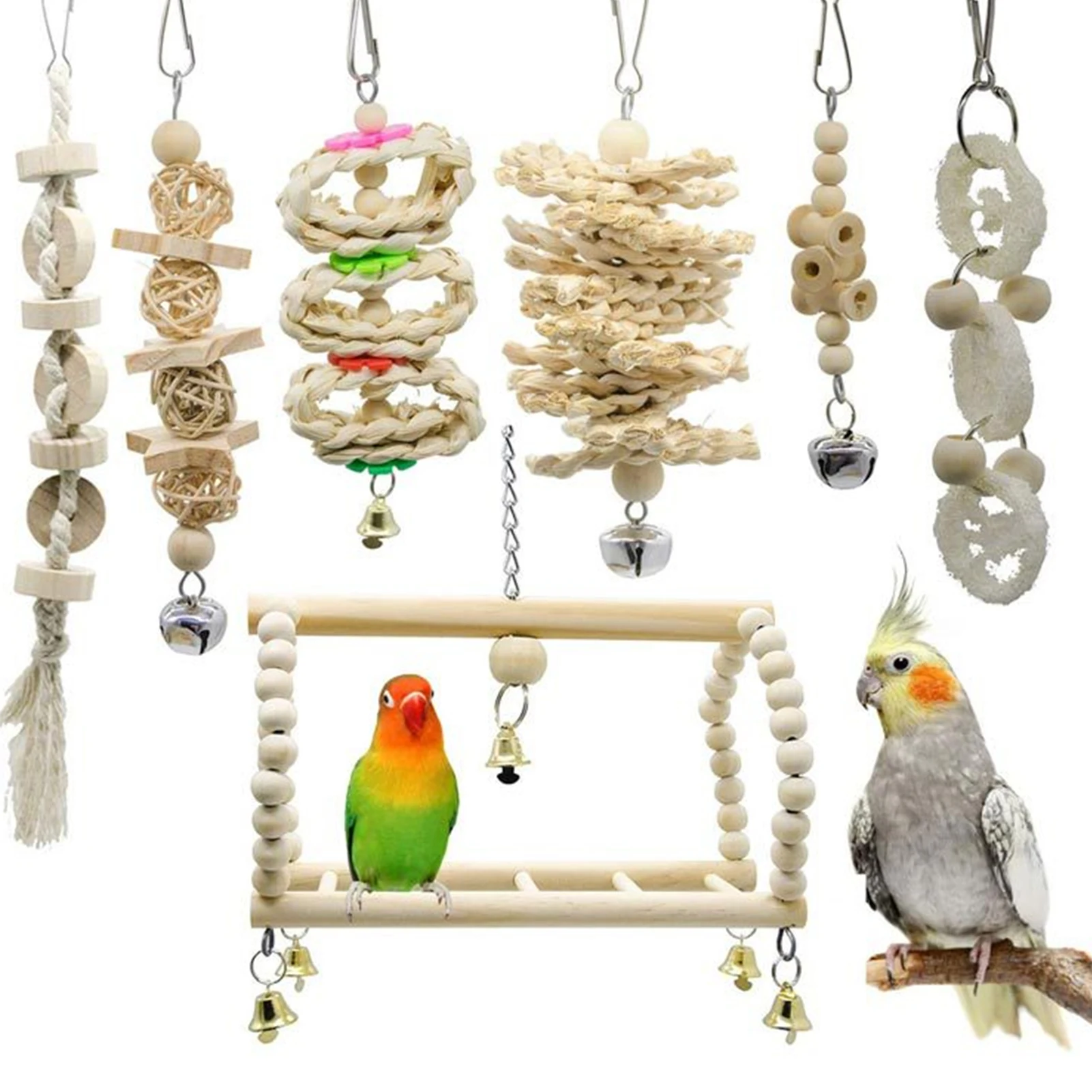 Parrot Bird Toy Set Swing Cage Accessories Wooden Color 7-Piece Set Bird Toys Interactive Targeted Audience