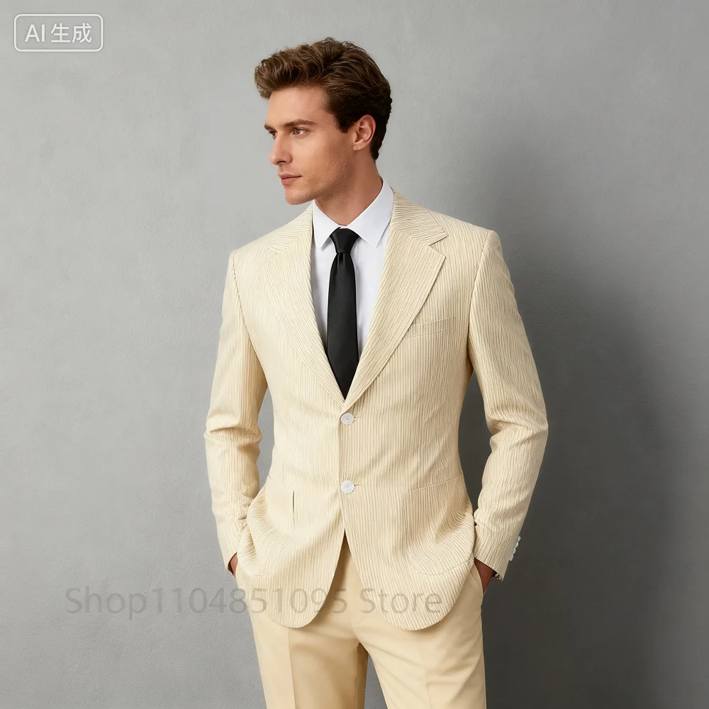

Men's Summer Sky Blue Seersucker Wedding Suit Notch Lapel Jacket Pants Casual Wedding Guest Luxury Clothes for Gentleman