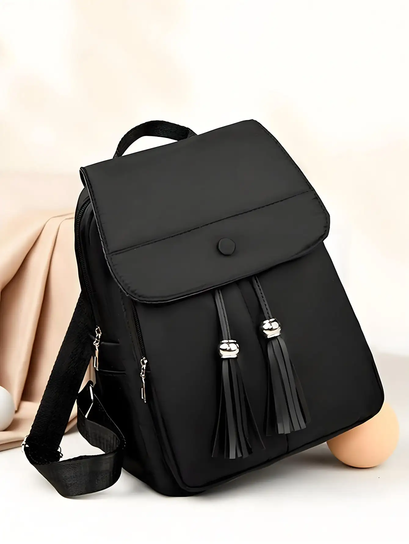 

Minimalist Solid-Color Nylon Backpack For Women, Spacious Travel Rucksack With Vintage-Inspired Design, Durable Double-Strap Daypack,Balck