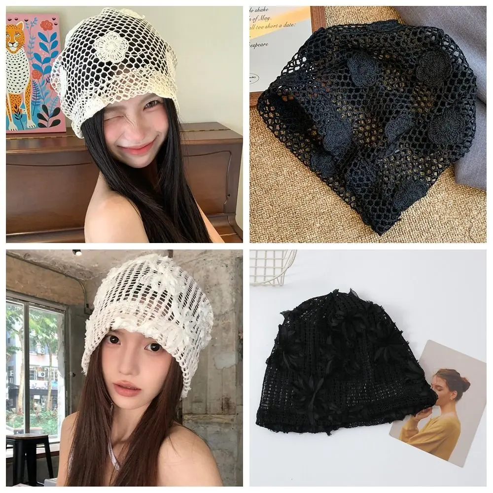 Casual Handmade Crochet Flower Hat Cute Hollow Out Lace Beanies Hat Korean Thin Weave Cap Girls
