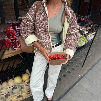 Damen y2k Blumen druck geste ppte Strickjacke Parka Mantel Langarm Stehkragen Taschen jacke Herbst Vintage Streetwear