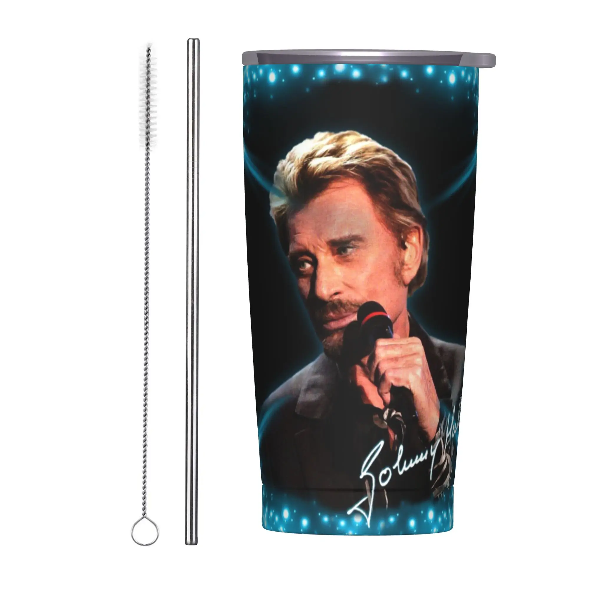 Johnny Hallyday Rocker Tumbler Vacuum Insulated  Coffee Cups with Lid Straw Double Wall Mugs Spill Proof, 20oz