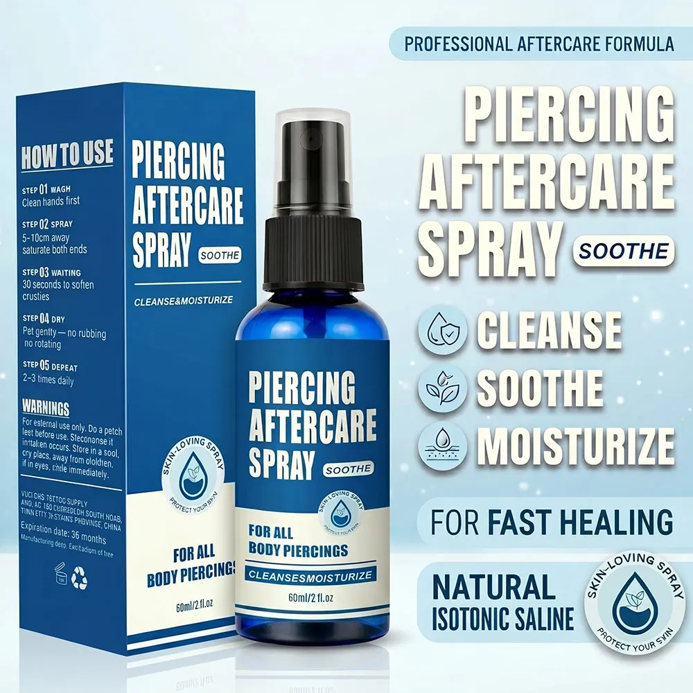 Spray para el Cuidado Posterior al Perforado, Líquido Limpiador Salino Natural y Calmante para Perforaciones en Oreja, Nariz y Todo el Cuerpo, Cuidado Profesional para Perforaciones