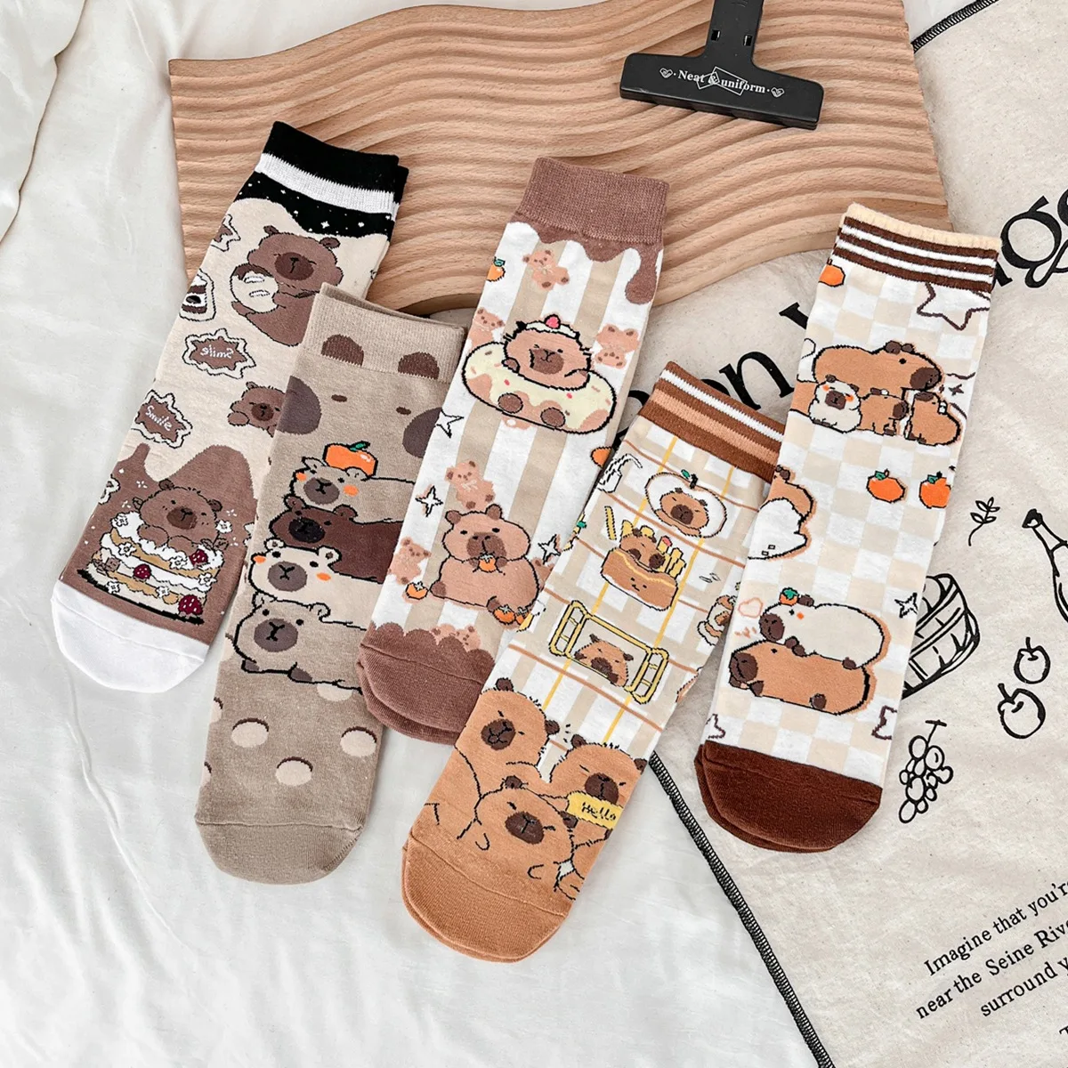 

1/5 пар носков с капибарой, комплекты носков в стиле ретро, полиэстер, хлопок, низкие женские носки, дышащие повседневные носки до середины икры в японском стиле