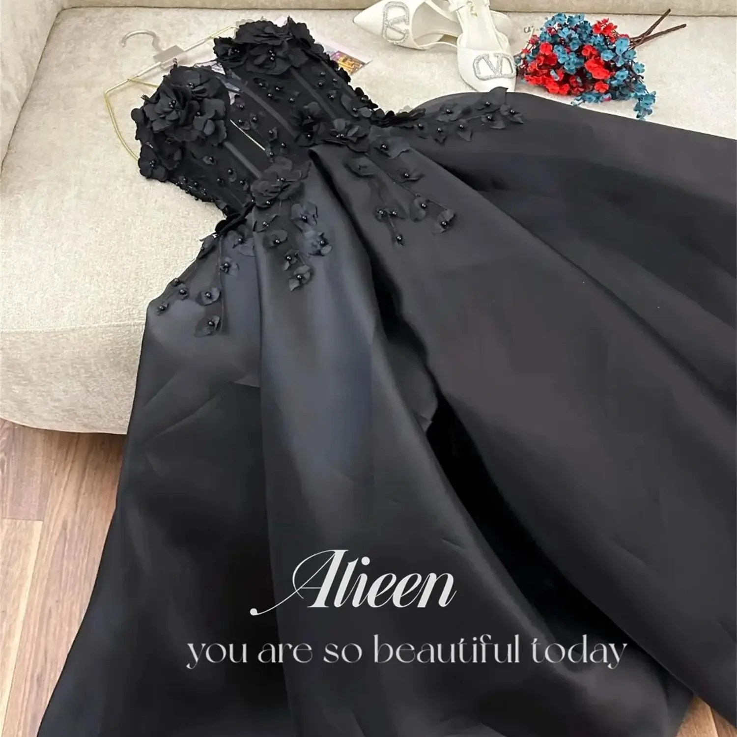 Black 3D Flowers Satin Wedding Party Dress Luxurious Women\'s Evening Dresses for Special Occasions Elegant Woman customized Gala